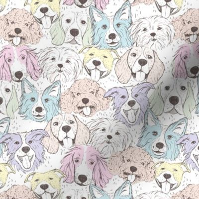 Dog friends - sweet freehand sketches style puppy faces border collie beagle poodle staffies and shih tzu boho style soft nineties pastel blush vintage palette