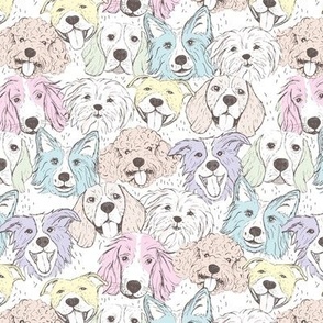 Dog friends - sweet freehand sketches style puppy faces border collie beagle poodle staffies and shih tzu boho style soft nineties pastel blush vintage palette