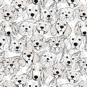 Dog friends - sweet freehand sketches style puppy faces border collie beagle poodle staffies and shih tzu boho style soft beige on white neutrals kids design