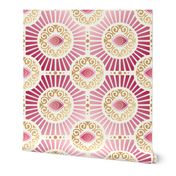 Large Scale Evil Eye Art Deco in Warm Pinks and Gold on Ivory