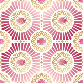 Large Scale Evil Eye Art Deco in Warm Pinks and Gold on Ivory