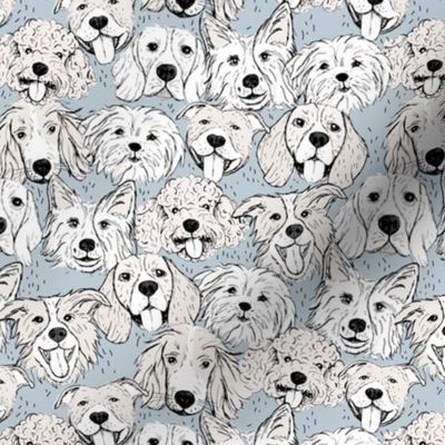 Dog friends - sweet freehand sketches style puppy faces border collie beagle poodle staffies and shih tzu boho style soft beige white on sage green