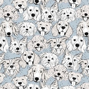 Dog friends - sweet freehand sketches style puppy faces border collie beagle poodle staffies and shih tzu boho style soft beige white on sage green