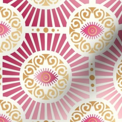 Medium Scale Evil Eye Art Deco in Warm Pinks and Gold on Ivory