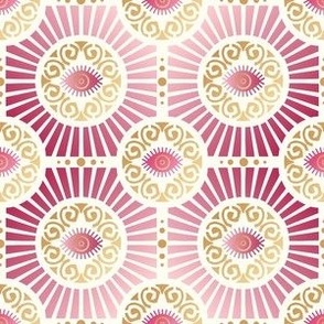 Small Scale Evil Eye Art Deco in Warm Pinks and Gold on Ivory