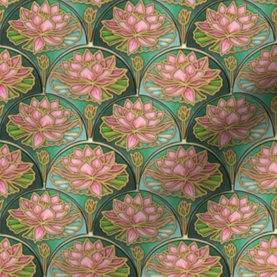  Art Deco waterlily or Lotus tile patterned  floral wallpaper or quilt in pink and two tone  green for a relaxing and happy space. 