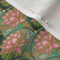  Art Deco waterlily or Lotus tile patterned  floral wallpaper or quilt in pink and two tone  green for a relaxing and happy space. 
