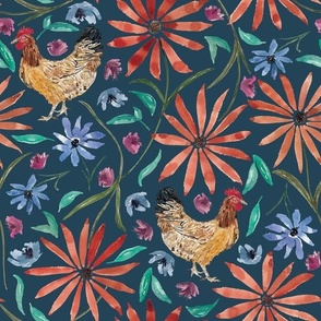 Watercolour Chicken With Rustic Red, Pink And Blue Flowers And Turquoise Green Leaves Medium