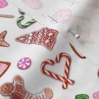 Ditsy candy and gingerbread on white ditsy with gingerbread cookies and candy cane hearts