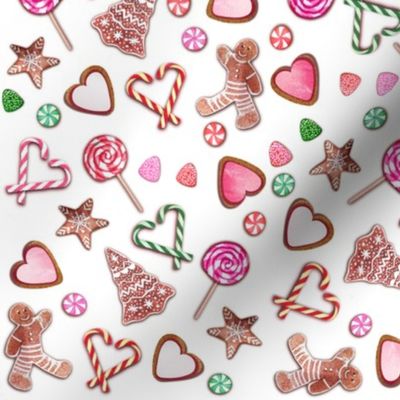Ditsy candy and gingerbread on white ditsy with gingerbread cookies and candy cane hearts
