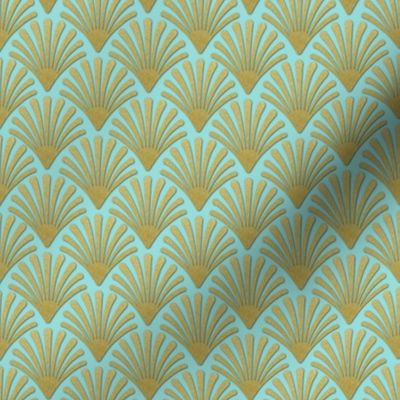 Art Deco Gold fan shells on pale blue 