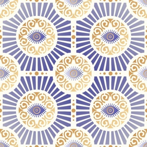 Large Scale Evil Eye Art Deco in Purple and Gold on Ivory