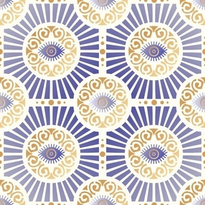 Medium Scale Evil Eye Art Deco in Purple and Gold on Ivory