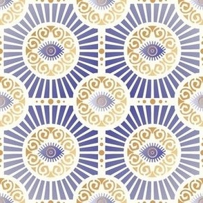 Small Scale Evil Eye Art Deco in Purple and Gold on Ivory