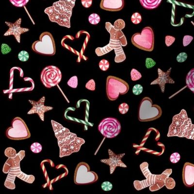 Ditsy candy and gingerbread on white with gingerbread cookies and candy cane hearts, peppermints and lollipops, hearts, stars and Christmas trees