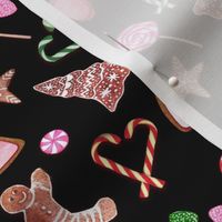 Ditsy candy and gingerbread on white with gingerbread cookies and candy cane hearts, peppermints and lollipops, hearts, stars and Christmas trees