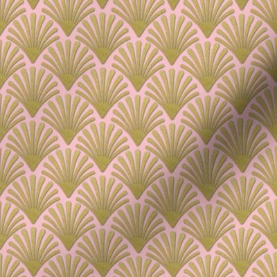 Art Deco gold fans or shells on pink wallpaper or fabric 