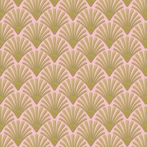 Art Deco gold fans or shells on pink wallpaper or fabric 
