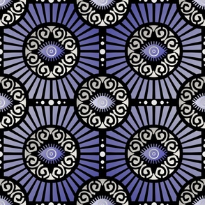 Large Scale Evil Eye Art Deco in Purple and Silver on Black