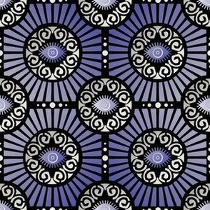 Small Scale Evil Eye Art Deco in Purple and Silver on Black