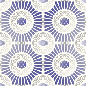 Large Scale Evil Eye Art Deco in Purple and Silver on Ivory