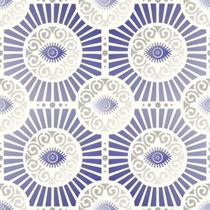 Medium Scale Evil Eye Art Deco in Purple and Silver on Ivory