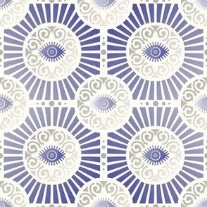 Small Scale Evil Eye Art Deco in Purple and Silver on Ivory