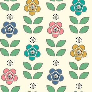 Retro Scandi Coral, Blue, Teal, Mustard Flowers and Green Leaves with Stripe Outlines Medium