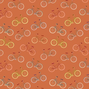 Scattered colourful bicycles on terracotta / warm middle brown | Amsterdam bikes