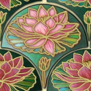 Art Deco Waterlily 1920's tile with pink waterlilies on green fish scale tile 