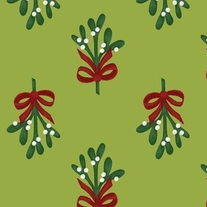 Tied Mistletoe Red Bow Green Background