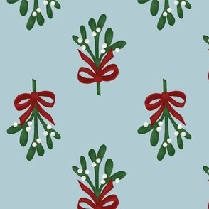 Tied Mistletoe Red Bow Blue Background