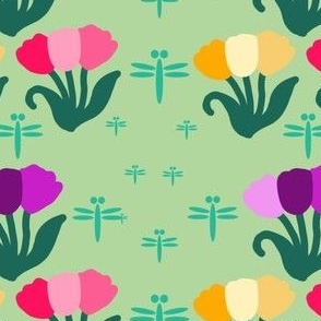 Dragonflies and Tulips basic repeating pattern 