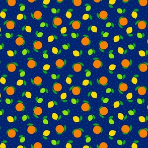 Citrus Ditsy: lemon, lime, orange on a navy blue background with polka-dots