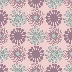 Circles and Abstract Flowers In Mauve, Grey and Pinks in a Diagonal pattern