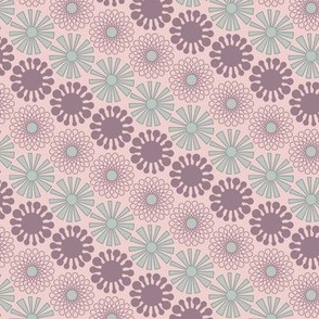 Small - Circles and Abstract Flowers In Mauve, Greyand Pinks in a Diagonal pattern