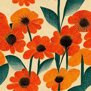 Vintage - Retro flowers orange green 70s pattern
