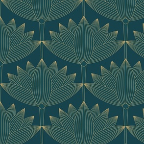 Jumbo Lotus Art Deco, Deep Teal, Minimal Art Deco Flower Wallpaper 