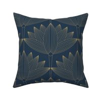 Lotus Art Deco, Deep Navy Blue Teal, Botanical Art Deco Wallpaper 