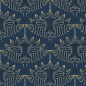 Lotus Art Deco, Deep Navy Blue Teal, Botanical Art Deco Wallpaper 