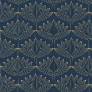 Lotus Art Deco, Deep Blue Teal, Botanical Art Deco Wallpaper
