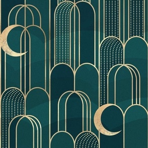Art Deco Moons and Waterfall - in Jade medium repeat