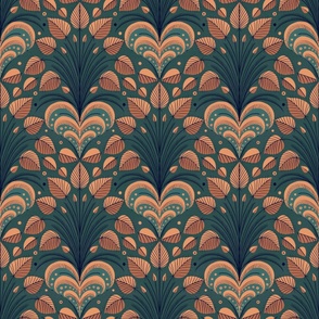 teal and orange 1920's style wallpaper | Art deco | Art nouveau | Botanical | Home decor