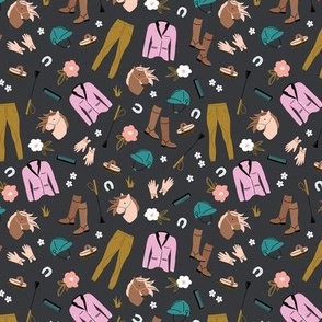 Horse riding illustrations and icons - horses boots and jackets pink mustard teal on charcoal 