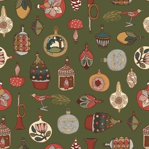 Vintage Christmas Ornaments - Deep Olive Green