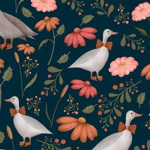 Goose and wildflowers dark blue