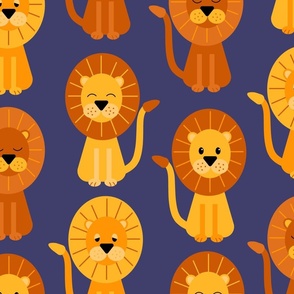 Cute geometric lions sitting on a dark navy blue background - large scale 