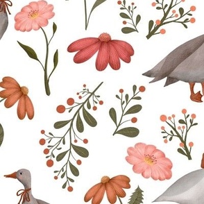 Goose and wildflowers seamless pattern