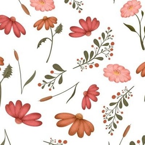 Wildflowers and leaves seamless pattern