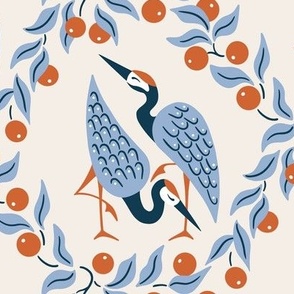 cranes with fruit/blue and rust on warm cream